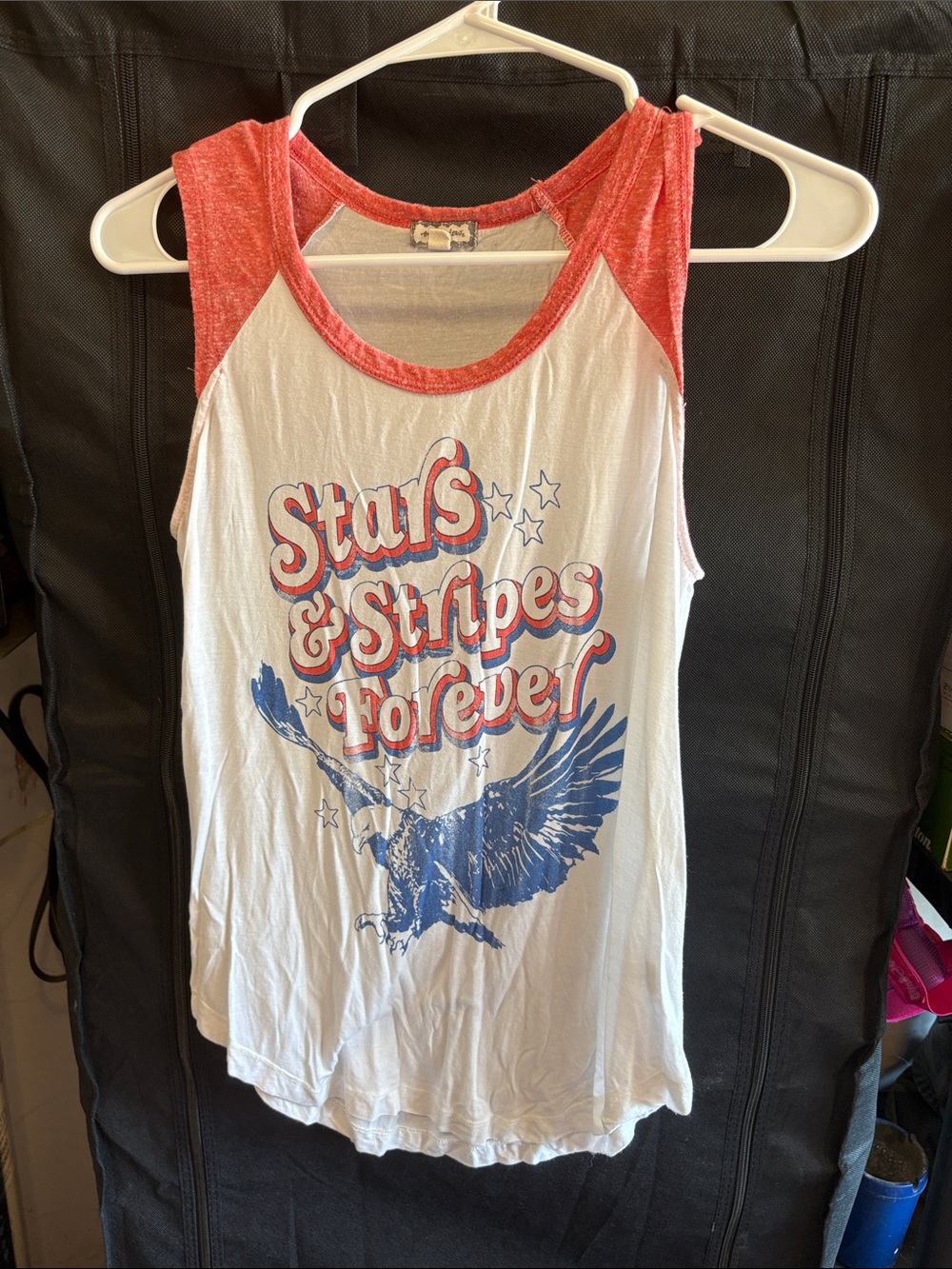 Eyeshadow Red & White Graphic Tank Top with Blue Eagle Print